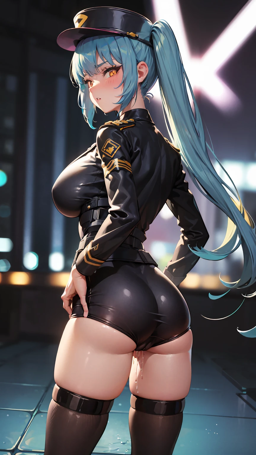 ((highly detailed)), nikke, privaty, perfect human hands, (great breast:1.1),masterpiece, best quality, ultra-detailed, glistening shiny, glowing light, ray tracing, HDR, deph of field, (perfect face, detailed face, detailed eyes,perfect hands,perfect fingeredium :1.2),8k,HD,ultra realistic face,ray tracing,perfect lighting,best quality, ultra-detailed, shiny eyes, (looking at the distance, serious:1.1), ((1girl:1.2)),cowboy shot,thicc,streaked_hair,((blue gradient hair)),multicolored eyes, gradient eyes, (glowing eyes:1.5), mascara, (fashion make up), (parted lips,blush,cameltoe, night city, street, pool, crowd, cars, lights, inside a bar, city, party, hotel, hotel room, bed, window),((super detailed background)), dynamic poses, ((8k wallpaper)), (mature female), military uniform, long sleeves, straps, hat, white headwear, black thighhighs, (((uniform))), (undersized clothes), (pussy), (((pussy juice))), bent foward, ((ass)), (((ass focus))), (((anus))), (((anus focus)))