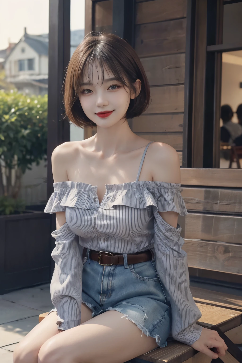 (intricate details:1.3), (最OK质量:1.2), (masterpiece:1.3), actual, 8K超HD, HD, High quality texture, intricate details, Detailed texture, detailed meticulous, high detail, Extremely detailed CG, High quality shadows, a actual representation of the face, Beautiful detailed, (high detailed skin, Skin details), Delicate, beautiful and delicate face, The face looks to the left, Delicate, beautiful and delicate eyes, a face of perfect proportion with Smile, film grain, depth of field, Light, 戏剧性的Light, 镜头Light晕, Light线追踪, view, 20s, (photoactual:1.2),
1 girl, only_Shoulder, belt, Black_footwear, vague, vague_background, OK_band, breast, architecture, coffee, clavicle, cup, sky, disposable cup, whole body, lips, lipstick, long sleeves, looking at the audience, cosmetic, off-shoulder shirt, Off the shoulders毛衣, Off the shoulders, outdoor, pantyhose, red lips, shirt, short hair, shorts, sitting, Smile, alone, stools, striped, striped shirt