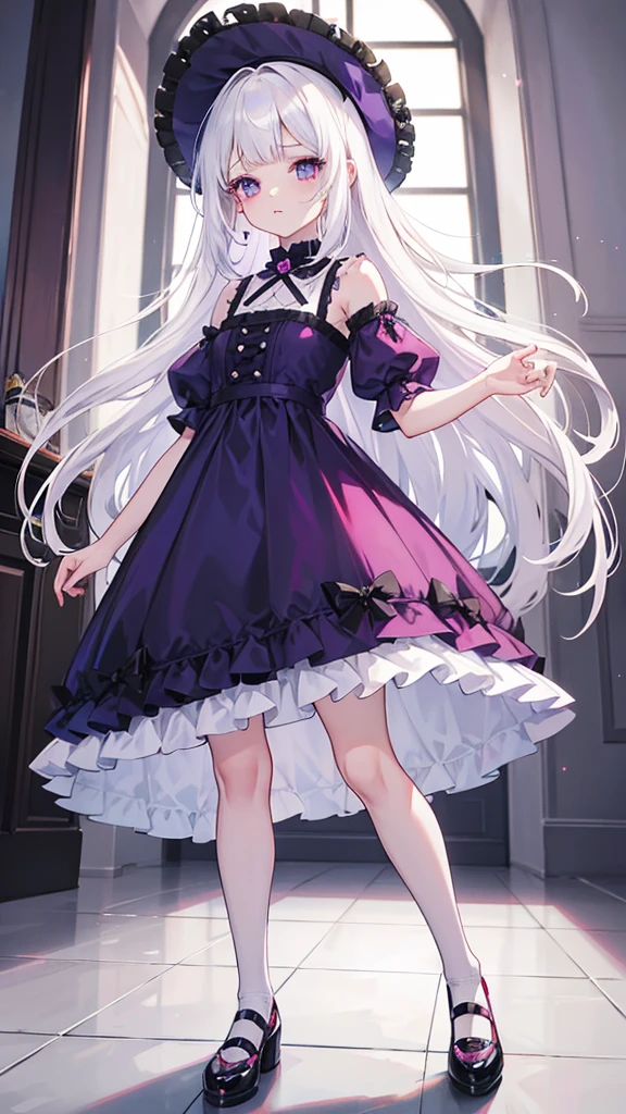 Una encantadora chica anime con cabello albino que cae en ondas hasta la cintura, sus ojos azules resaltan sobre su piel de porcelana. Ataviada con un vestido color guinda; a deep, dark purple red and shoes with tulle socks.