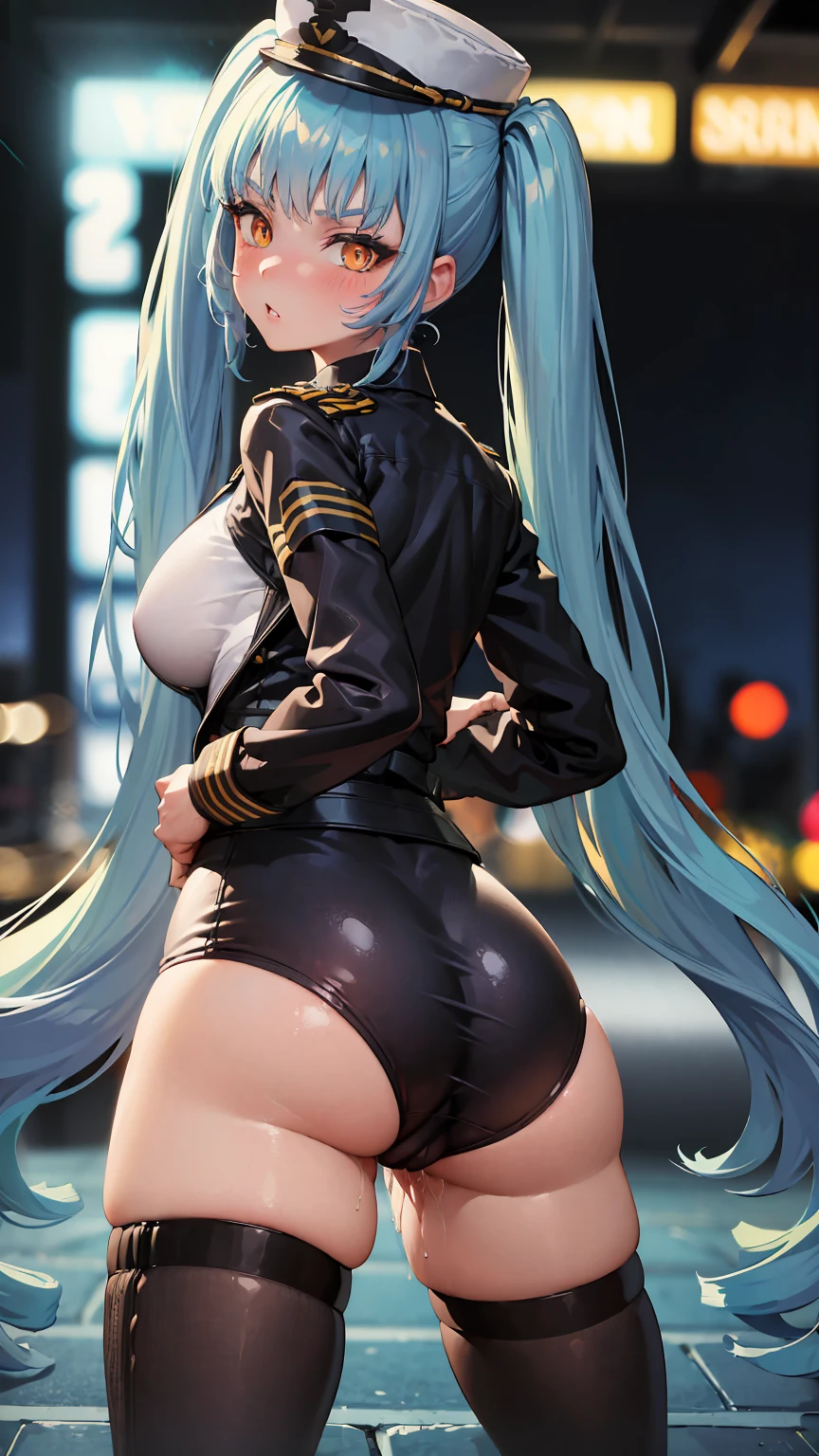 ((highly detailed)), nikke, privaty, perfect human hands, (great breast:1.1),masterpiece, best quality, ultra-detailed, glistening shiny, glowing light, ray tracing, HDR, deph of field, (perfect face, detailed face, detailed eyes,perfect hands,perfect fingeredium :1.2),8k,HD,ultra realistic face,ray tracing,perfect lighting,best quality, ultra-detailed, shiny eyes, (looking at the distance, serious:1.1), ((1girl:1.2)),cowboy shot,thicc,streaked_hair,((blue gradient hair)),multicolored eyes, gradient eyes, (glowing eyes:1.5), mascara, (fashion make up), (parted lips,blush,cameltoe, night city, street, pool, crowd, cars, lights, inside a bar, city, party, hotel, hotel room, bed, window),((super detailed background)), dynamic poses, ((8k wallpaper)), (mature female), military uniform, long sleeves, straps, hat, white headwear, black thighhighs, (((uniform))), (undersized clothes), (pussy), (((pussy juice))), bent foward, ((ass)), (((ass focus))), (((anus))), (((anus focus)))