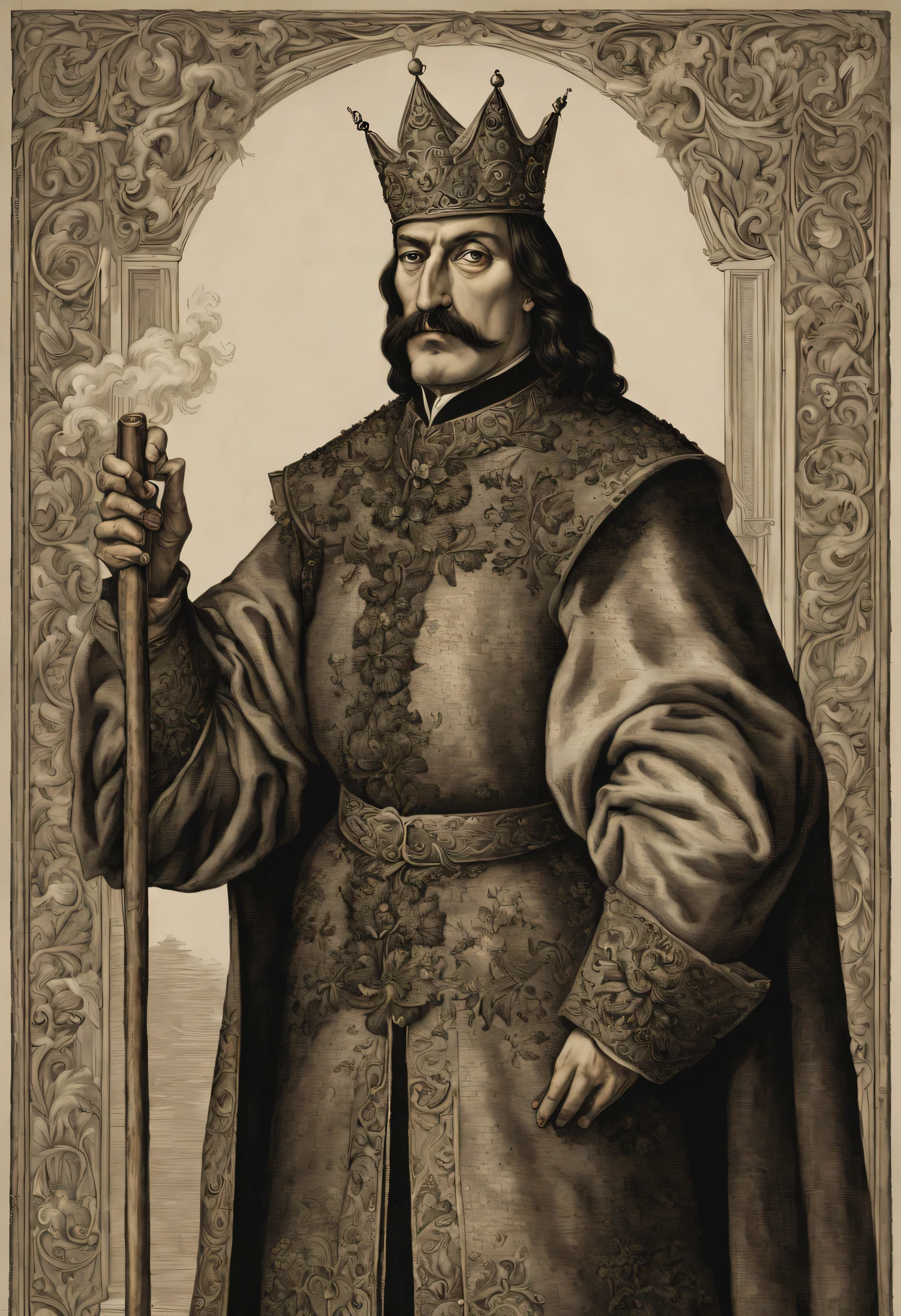 Generate a compelling and historically accurate image depicting Vlad Tepes smoking a cigar, also known as Vlad the Impaler. Capture the essence of his 15th-century persona, incorporating details such as his royal attire, stoic expression, and the medieval setting. Infuse the image with an air of mystery and historical authenticity, reflecting the notorious reputation of Vlad Tepes as a formidable ruler. Consider including subtle elements that nod to his impaling tactics while maintaining a tasteful and respectful representation of this iconic historical figure. 

