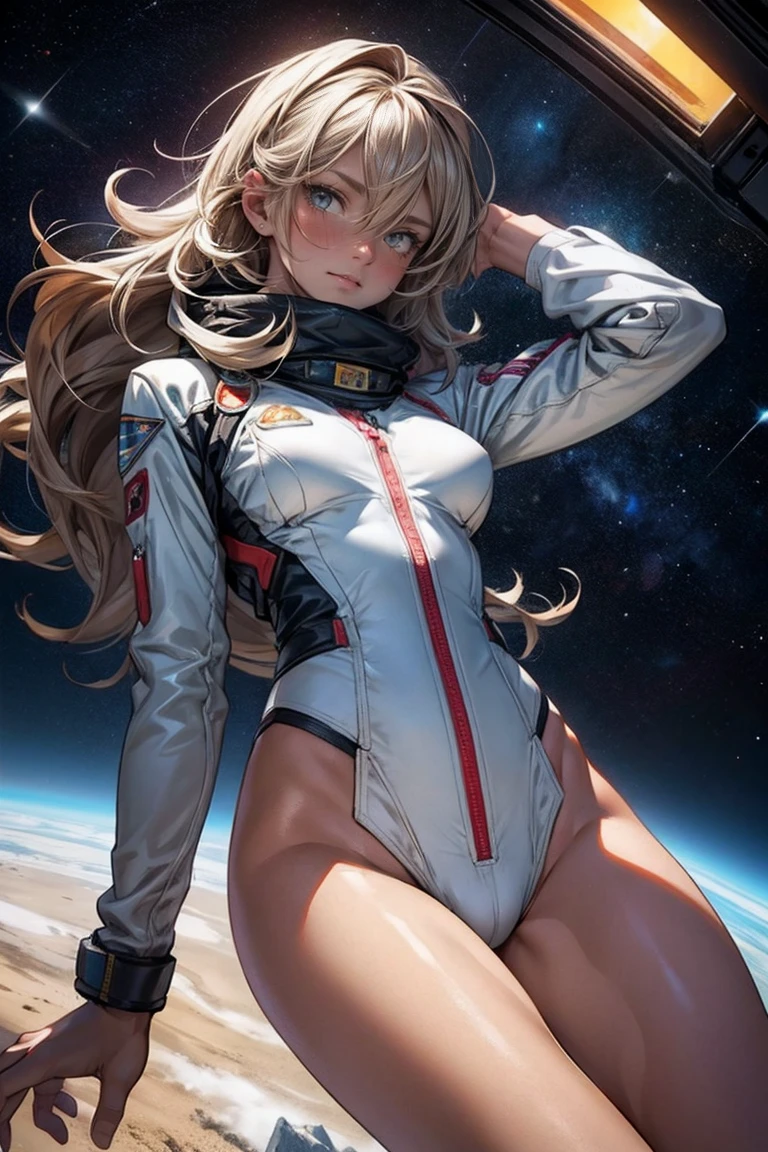 Sandy Hair Fall Down Body Big Slender Breasts Thin Thighs Thin Waist Solo Pilot Costume Looking At Viewer In Space Long Hair Blushing Determination