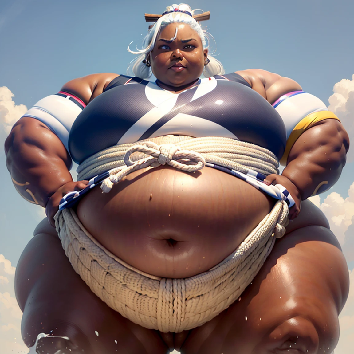 ((Dark skin)), dark skinned female, giantess, ((strongfat)), ssbbw, obese, ((strong arms)), white hair, blue eyes, mawashi, tall, looming over viewer, (gentle smile), ((sumo wrestler)), gigantic, insanely large belly, sweaty, subtle blush, (bare arms), ((biceps)), ((flexing))