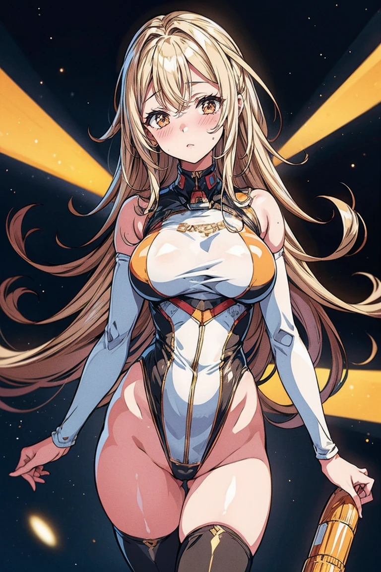 Sandy Hair Fall Down Body Big Slender Breasts Thin Thighs Thin Waist Solo Pilot Costume Looking At Viewer In Space Long Hair Blushing Determination