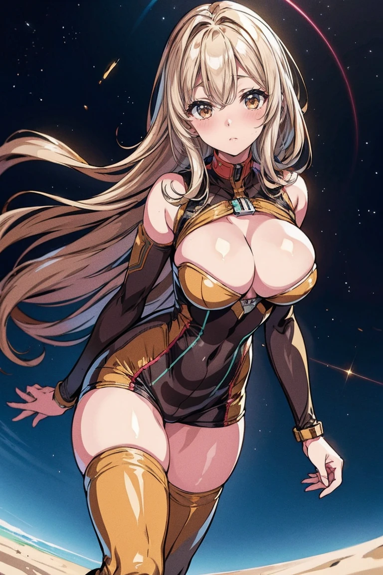 Sandy Hair Fall Down Body Big Slender Breasts Thin Thighs Thin Waist Solo Pilot Costume Looking At Viewer In Space Long Hair Blushing Determination