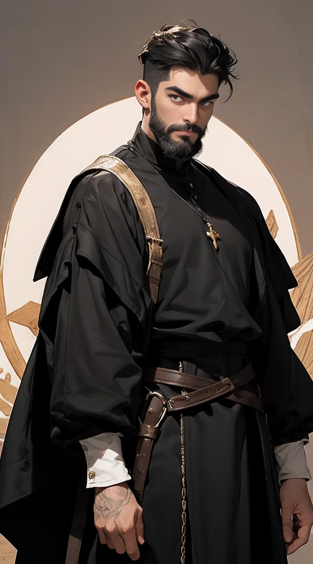 A black 3c pantone man of 50 years old, happy expression, strong eyebrows, golden eyes, long shoulder-length black wave hair and well groomed beard. He use medieval clothes 16k, best quality masterpiece. Background is a desert