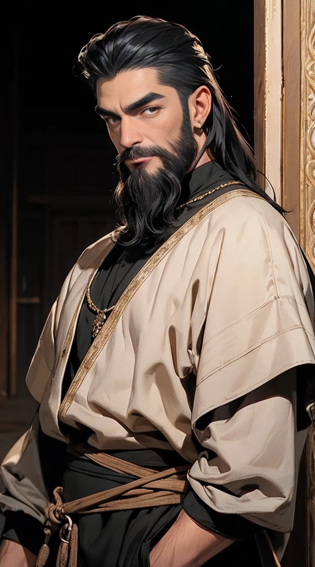 A black 3c pantone man of 50 years old, happy expression, strong eyebrows, golden eyes, long shoulder-length black wave hair and well groomed beard. He use medieval clothes 16k, best quality masterpiece. Background is a desert