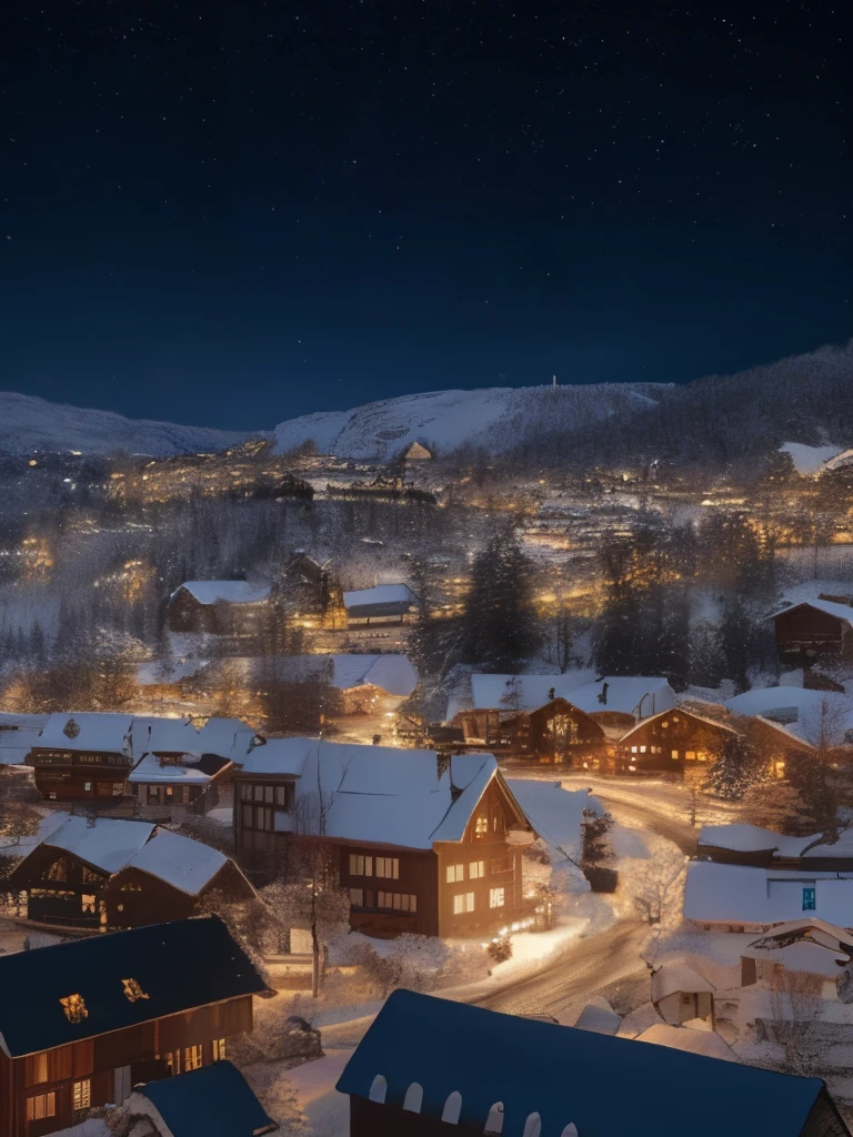 from above,Snow village in night background, winter, norway night view,magical village, very high resolution, true depiction, architecture, by Armin Hansen, winter setting, light up, holiday, author:Leo Goetz, Comfortable, cold but beautiful, jaw dropping, inspiration, Masterpiece with perfect details, 16k, high details, super detail