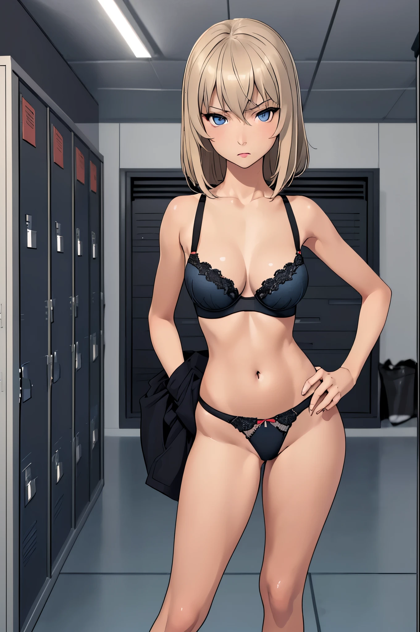masterpiece, best quality, Itsumi Erika, 1girl, ashen blonde hair, blue eyes, solo, medium breasts, sexy black underwear, black panties, black bra, black socks, full body, standing frontally, pov, looking at viewer, expressionless, indoors, locker room, detailed hands, five fingers