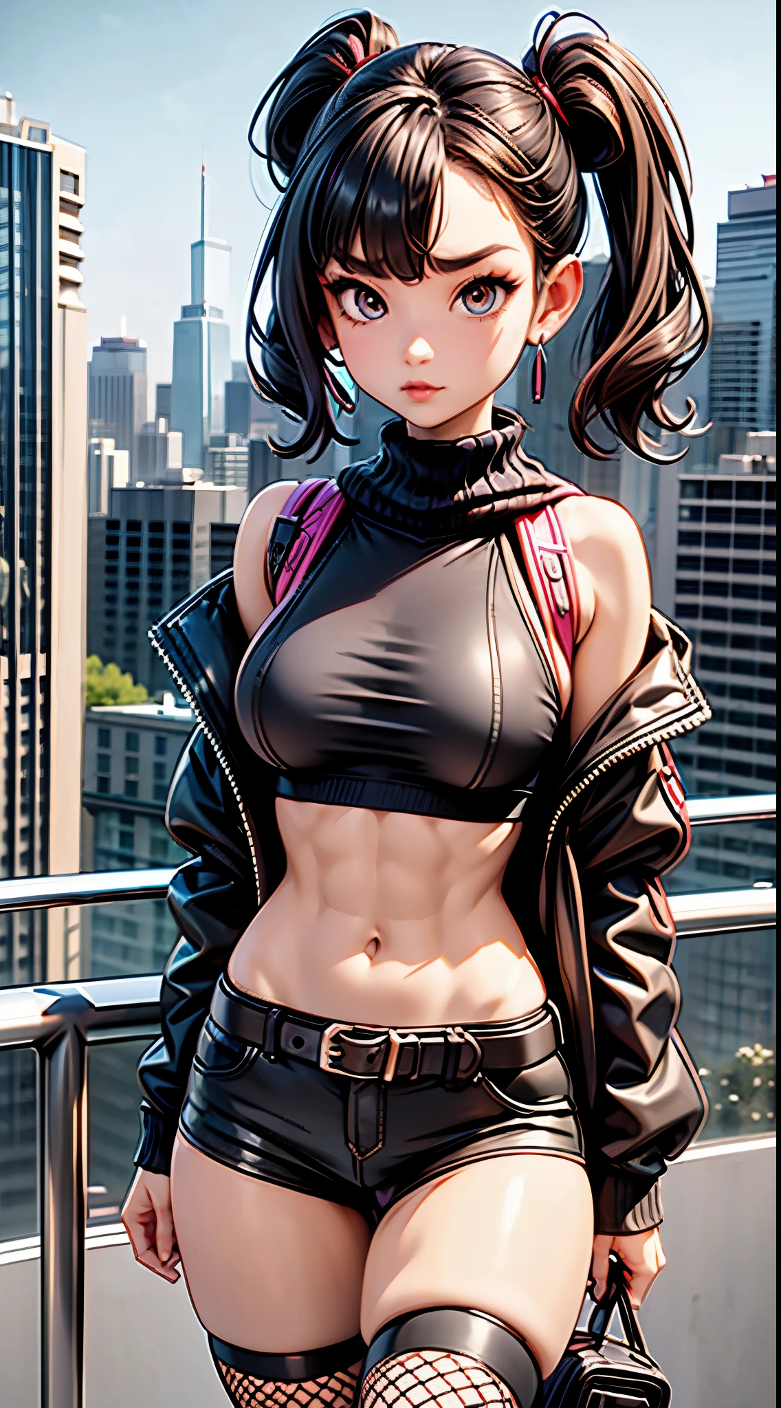 1990s, (masterpiece), high-definition, detailed face, korean girl, abs, (big tits: 1.4) big hips, messy dark purple hair, orange eyes, crop top sweater, jacket, (tight sport shorts: 1.3), belt, (thong: 1.4), thigh high stockings, boots, fishnet, balcony, leaning on the railing, (messenger bag: 1.3), sunset
