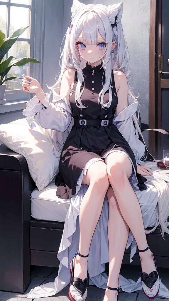 Una encantadora chica anime con cabello albino que cae en ondas hasta la cintura, sus ojos azules resaltan sobre su piel de porcelana. Ataviada con un vestido color vino, tinto y unos zapatos con calcetas de tul.