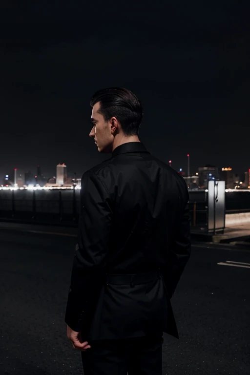 Men dressed in black like the mafia, only the back and broad shoulders are visible, with a nighttime background on top of the building