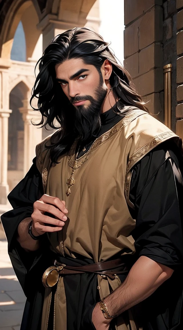 A man with black 3c pantone skin of 50 years old, happy expression, strong eyebrows, golden eyes, long shoulder-length black wave hair and well groomed beard. He use medieval clothes 16k, best quality masterpiece. Background is a desert