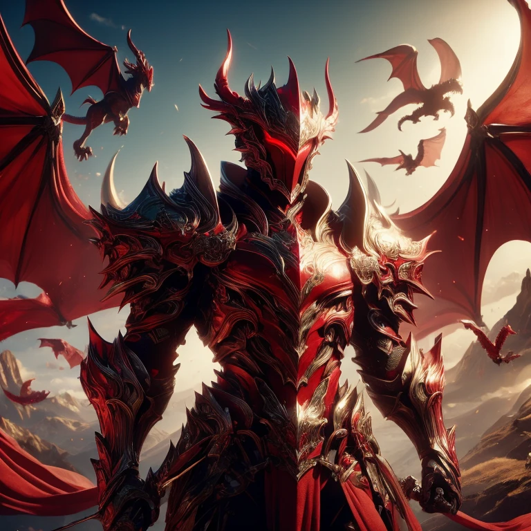 Human standing on a mountain, in red armor while dragons are flying around him 