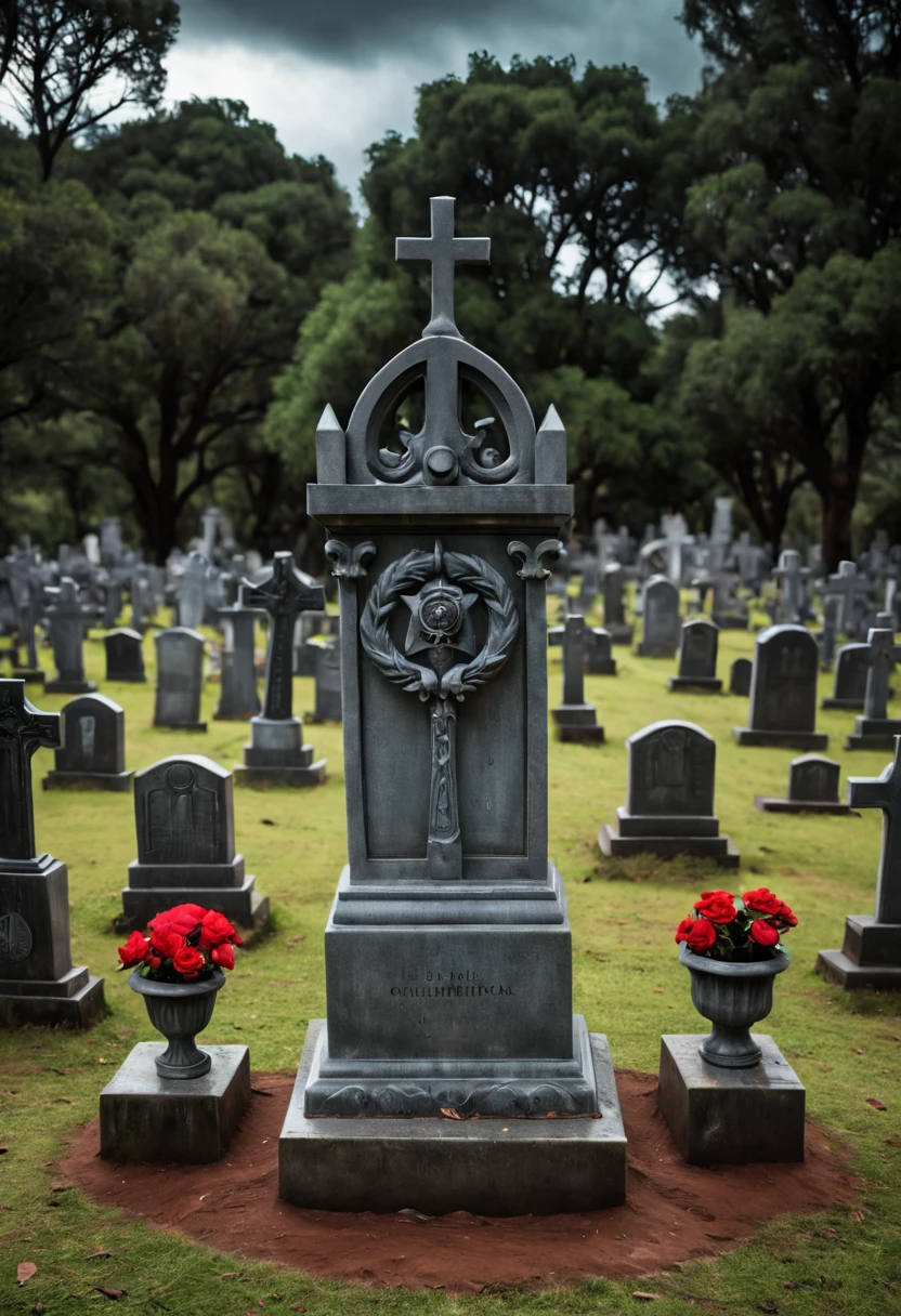 （Realista，The photos are real，The photos are real：1.37）。Ominous clouds，In the scary cemetery，Chamas em redemoinho，Escudos ardentes flutuam no ar，escudo brilhante，Many tombstones surround the shield，Muitas rosas vermelhas enroladas no escudo，simetria。