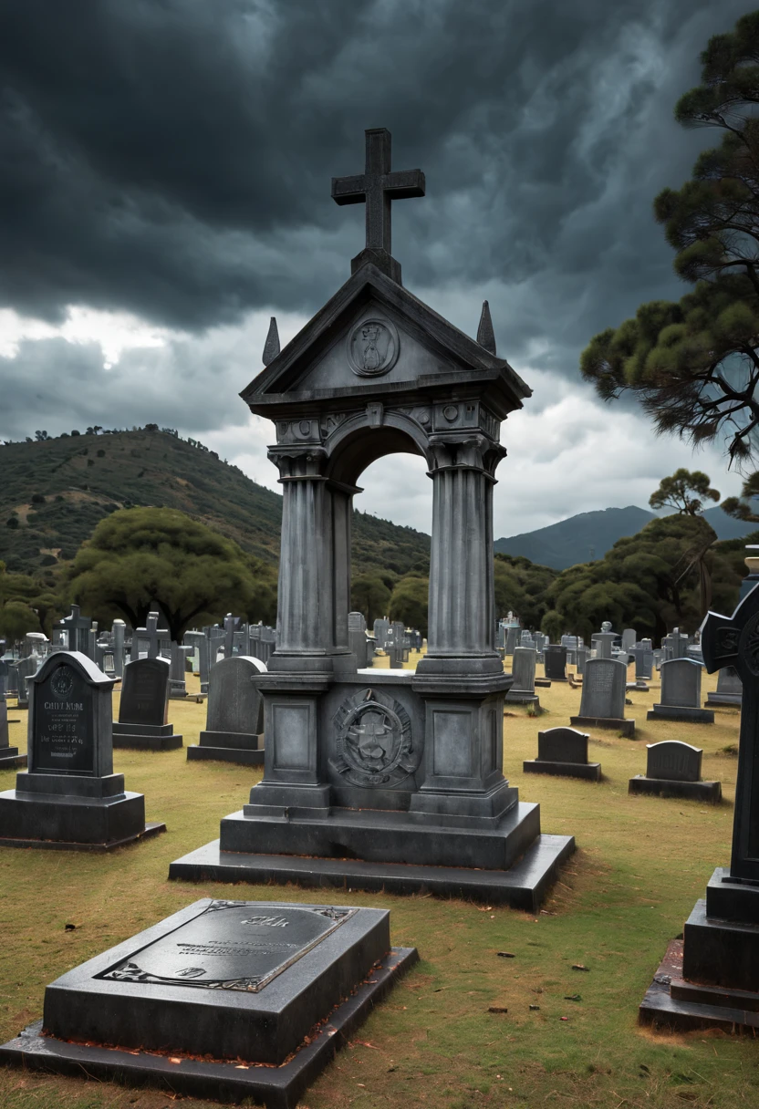 （Realista，The photos are real，The photos are real：1.37）。Ominous clouds，In the scary cemetery，Chamas em redemoinho，Escudos ardentes flutuam no ar，escudo brilhante，Many tombstones surround the shield，Muitas rosas vermelhas enroladas no escudo，simetria。