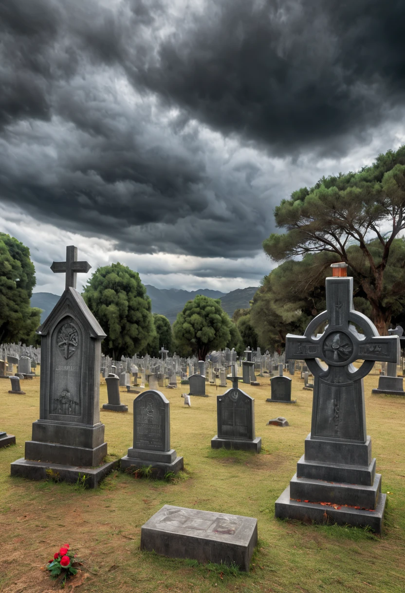 （Realista，The photos are real，The photos are real：1.37）。Ominous clouds，In the scary cemetery，Chamas em redemoinho，Escudos ardentes flutuam no ar，escudo brilhante，Many tombstones surround the shield，Muitas rosas vermelhas enroladas no escudo，simetria。