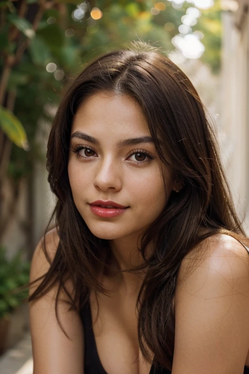 A close-up portrait shot of a latin brunette 20 years old with red lips and light brown eyes. Lighting should emphasize the details, specially her eyes and lips. Hair should be straight natural and middle long. Her facial expression should be relaxed and confident. Her skin tone should be olive. Background should be white and relaxed, emphasizing her realistic hair. She should be smiling shyly