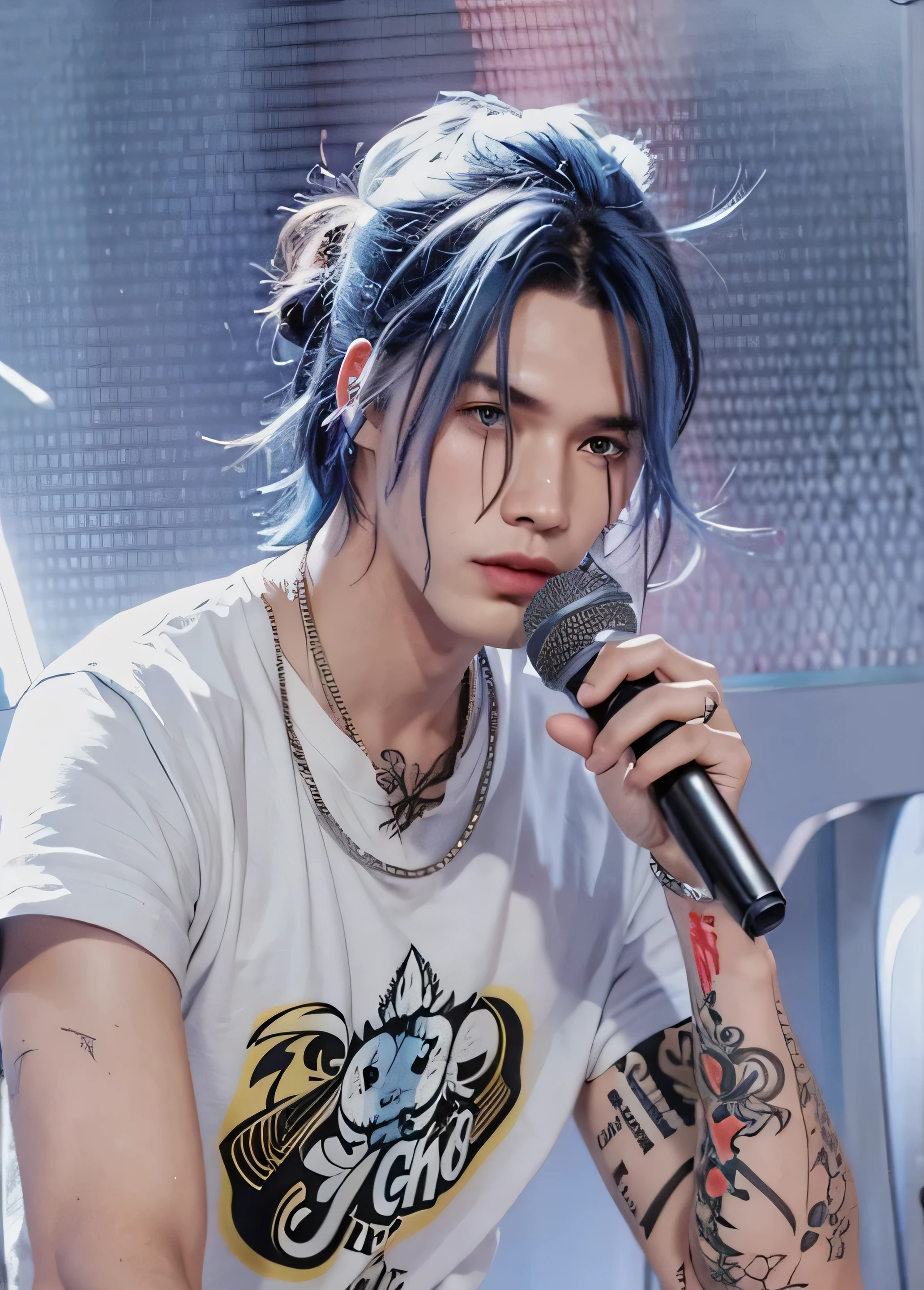 handsome man blue hair with half bun, holding microphone, yellow eyes, tattoos on arm