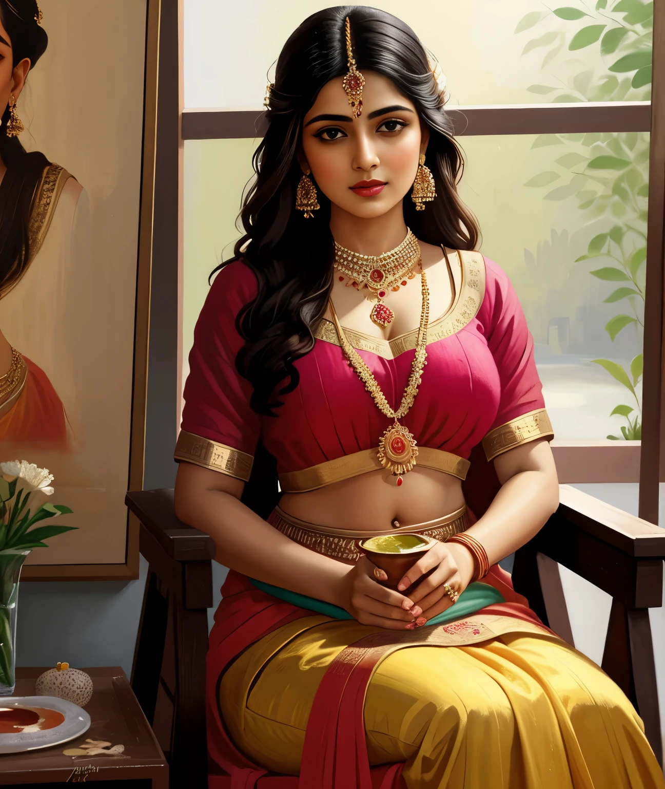 Bathing woman, gorgeous, Masterpiece,8k uhd, hdr, realistic, hyper realistic, intricate, vibrant colour, painting of a woman in a sari sitting on a chair, traditional beauty, inspired by Raja Ravi Varma, indian art, by Raja Ravi Varma, painting of beautiful, inspired by T. K. Padmini, painting of a woman, by Sardar Sobha Singh, gorgeous woman, oil on canvas painting, traditional painting, oil-painting