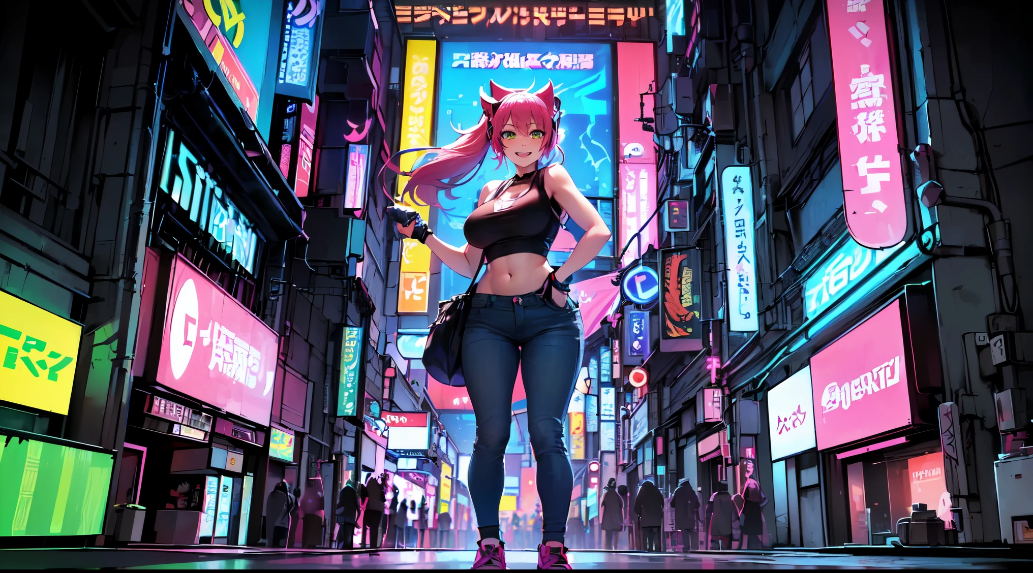 Best quality, (masterpiece:1.2), best detail face, 1girl, night city wear, huge breast, perfect body, standing, smile, grinning expression, landscape is cyber punk city , at night , acid house, Lofi mix, in a back alley, Slut not wearing clothes