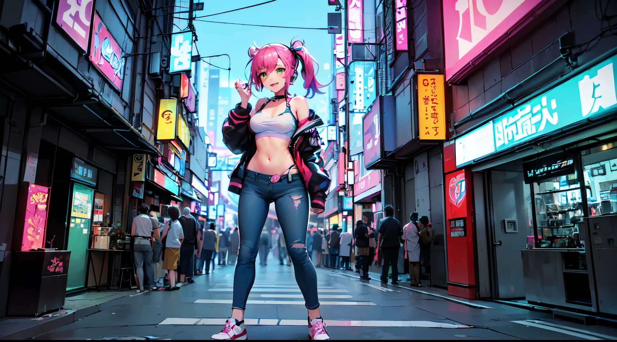 masterpiece, 1girl ((20year old, dressed in a tight street gear, exposes navel, tight blue jeans, sneakers, medium breasts, multicolor pink hair, twin ponytails, perfect model body:1.3, detailed green eyes:1.5, flirting, happy, big smile, wearing headphones, looking toward viewer:1.2, mid shot:1.3, standing in a neo-Tokyo city street, with a crowd in the background, cyberpunk, energetic and neon atmosphere:1.2)) ((solo:1.6))