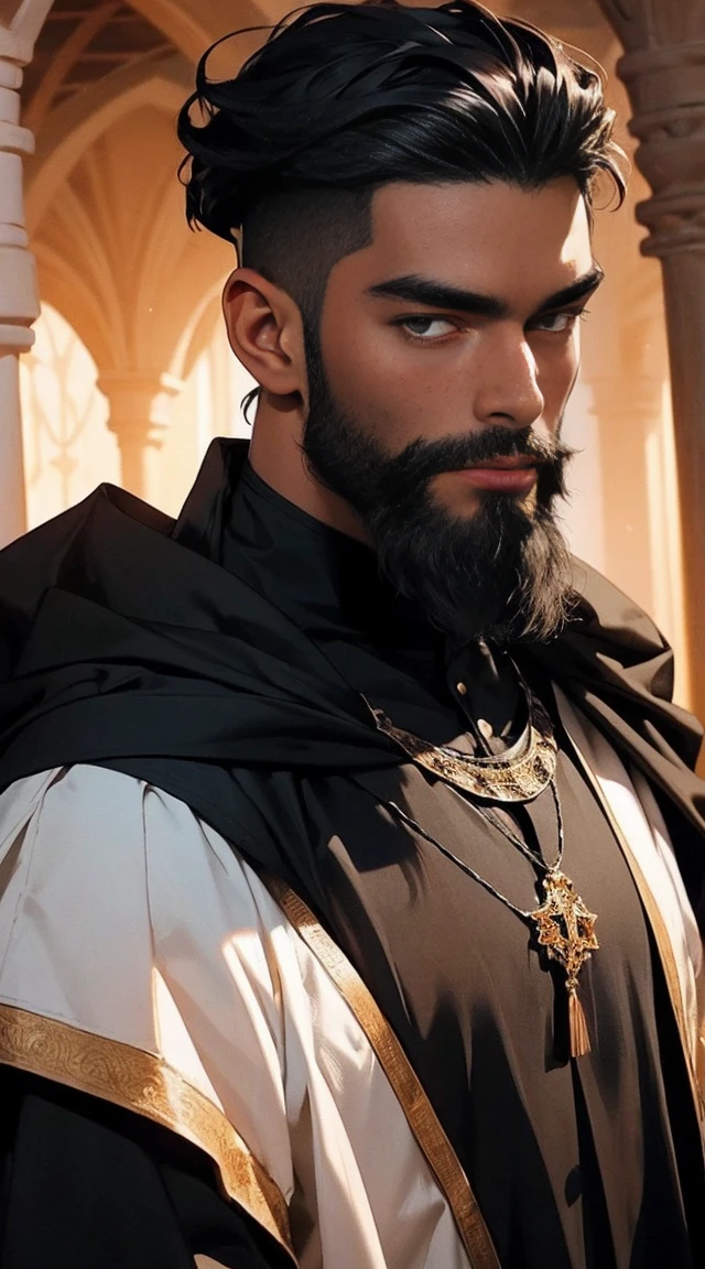 A black man, skin is dark black of 50 years old, happy expression, strong eyebrows, golden eyes, long shoulder-length black wave hair and well groomed beard. He use medieval clothes 16k, best quality masterpiece. Background is a desert