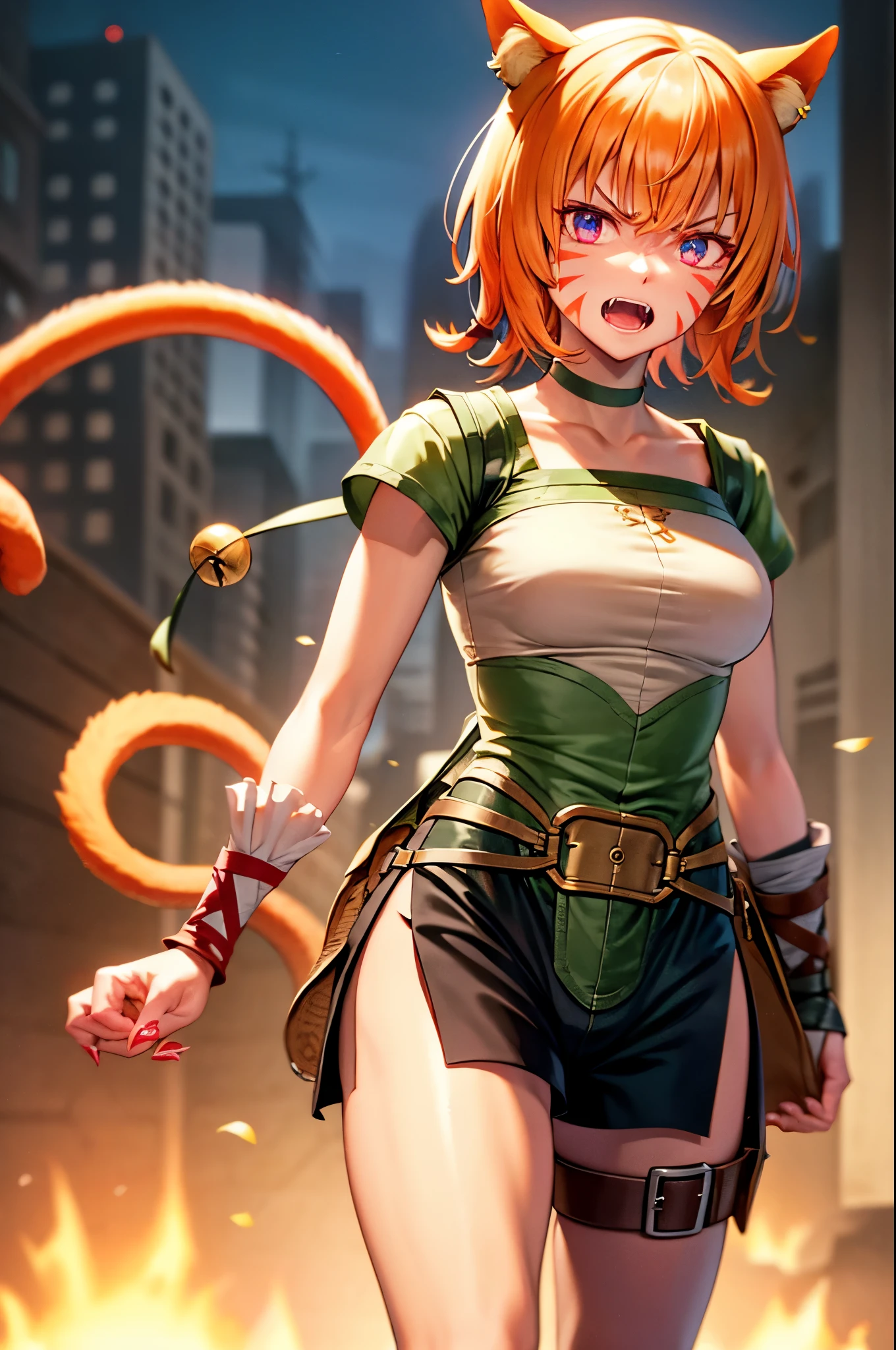 lethe fe, choker, belt, cat tail, bell, thigh strap, facial mark, bandages, side slit, pouch, brown belt, whisker markings, green shorts, wrist wrap, side slit shorts, open mouth, angry, fangs, claws, scratching the viewer