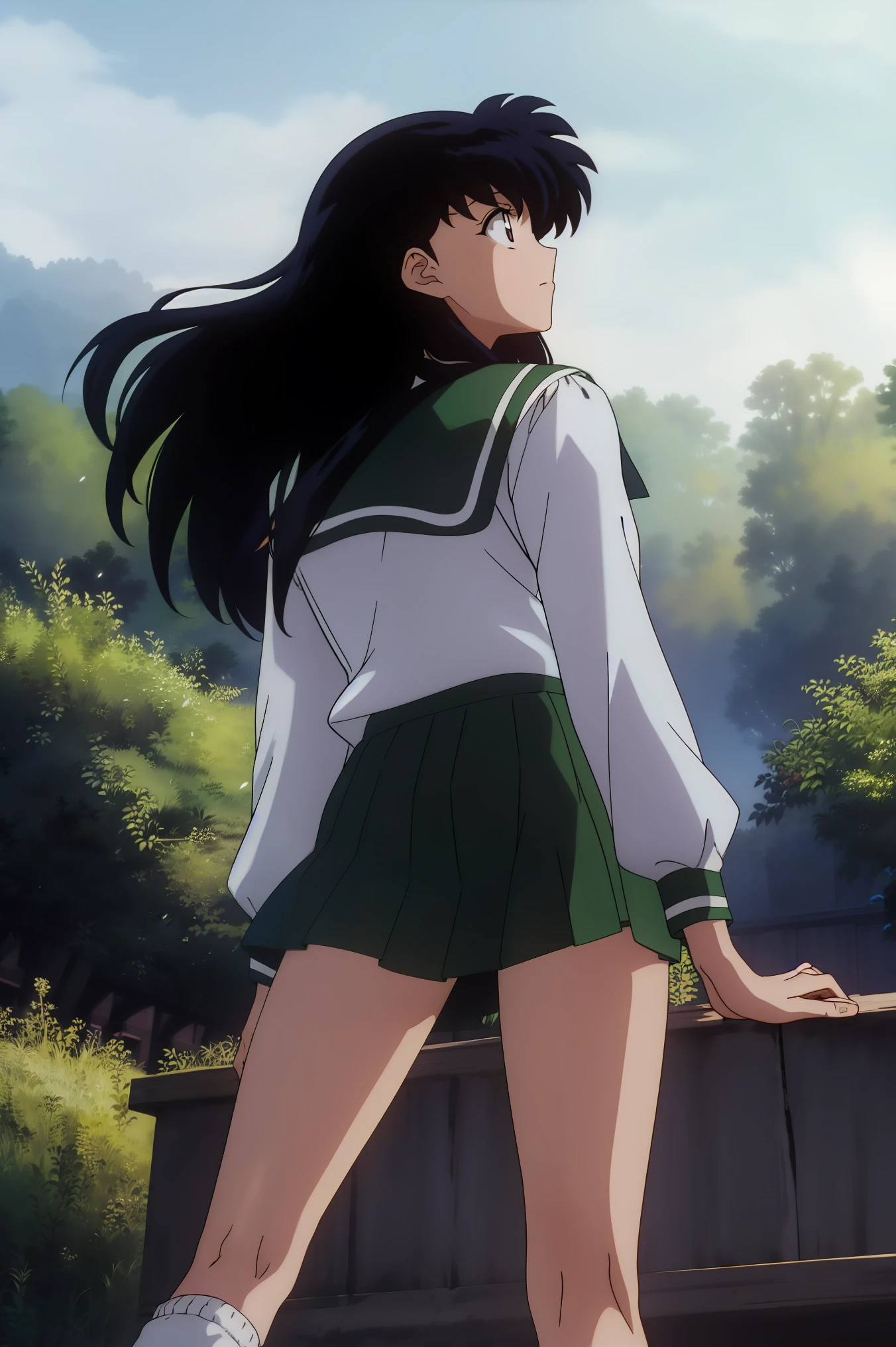 (Masterpiece: 1.6, Best Quality), (Fine Beautiful Eyes: 1.2), (best quality, masterpiece, highres), kagome higurashi, 1girl, solo, green school uniform, soft thighs , long sleeves, white socks, scenery , Best Quality, ((anime)) ((Colored)) HD, ,Standing, Green skirt, Red scarf, long  hair, Black hair between the eyes, Thighs are soft, school background