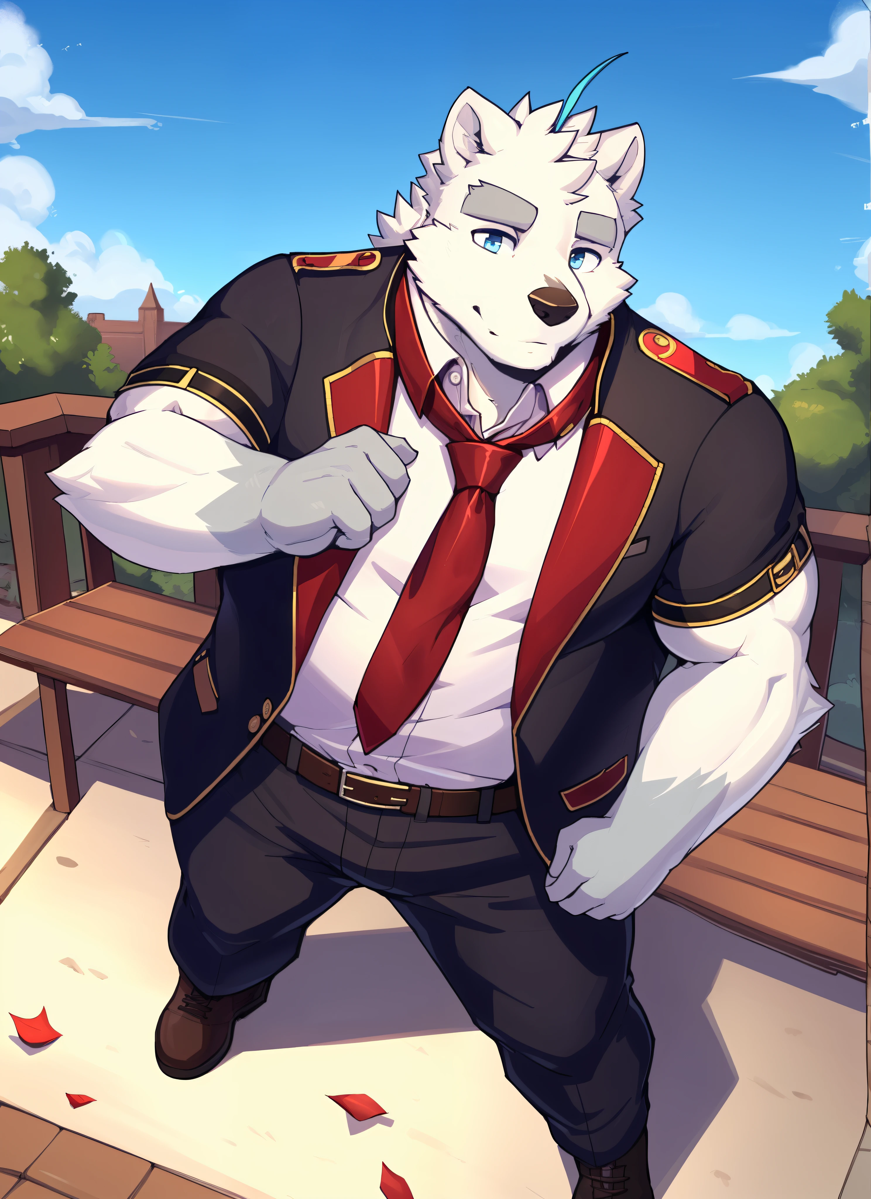 paul, One, Muscular, plump,  (soft shading), 4K, This&#39;it&#39;s empty here, detailed face, detailed eyes, detailed, ((whole body)), от zackary911, from Saus, (According to the staff:0.5), shirt, trousers, tie,  red tie, jacket, Blue eyes, Outside