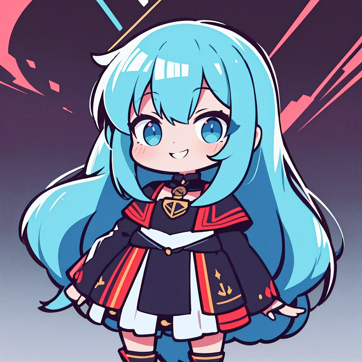 ultra-qualidade, ultla highres |, hiper detalhado, alto contraste, Superfine illustration, Refinamento criativo, 1 garota, Sozinho, Chibi, corpo todo, sorriso, caixa,um terno de marinheiro, Cabelo preto, fundo rosa