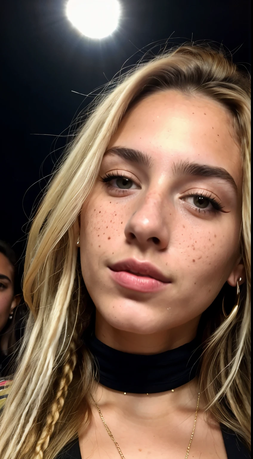  23-year-old spanish woman, rebel blonde dreadlock woman, ((pechos grandes)), ((hiperrealismo)), with a few freckles on her face, Front view, selfie, photo taken with iPhone, elegant black shirt with escote, selfie in the nightclub, clubbing, high quality, selfie iPhone, cleavage