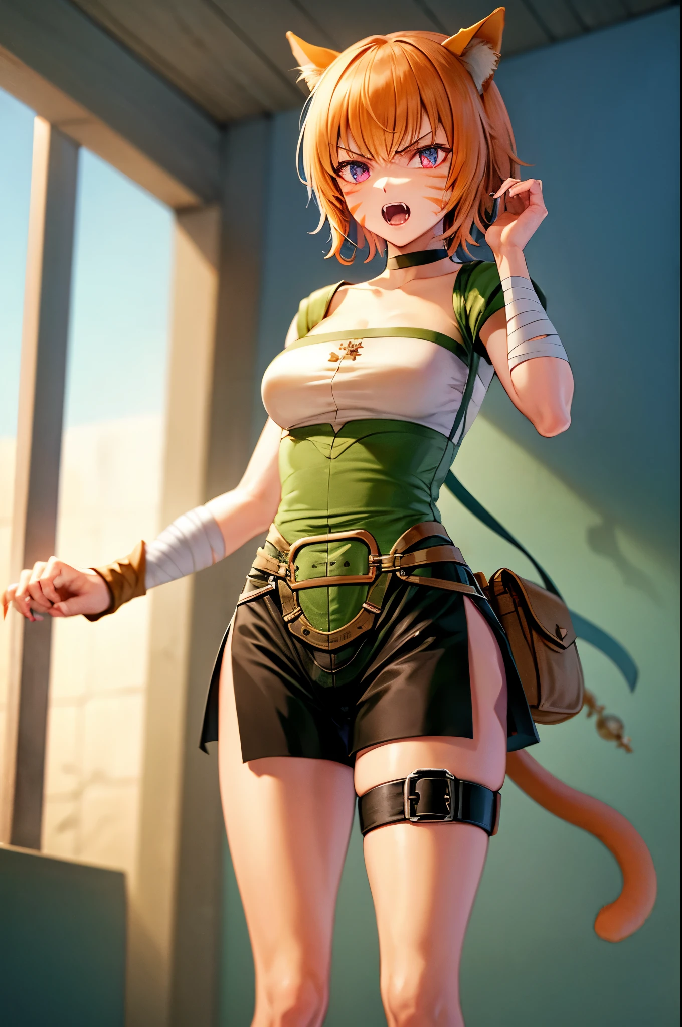 lethe fe, choker, belt, cat tail, bell, thigh strap, facial mark, bandages, side slit, pouch, brown belt, whisker markings, green shorts, wrist wrap, side slit shorts, open mouth, angry, fangs, claws, scratching the viewer