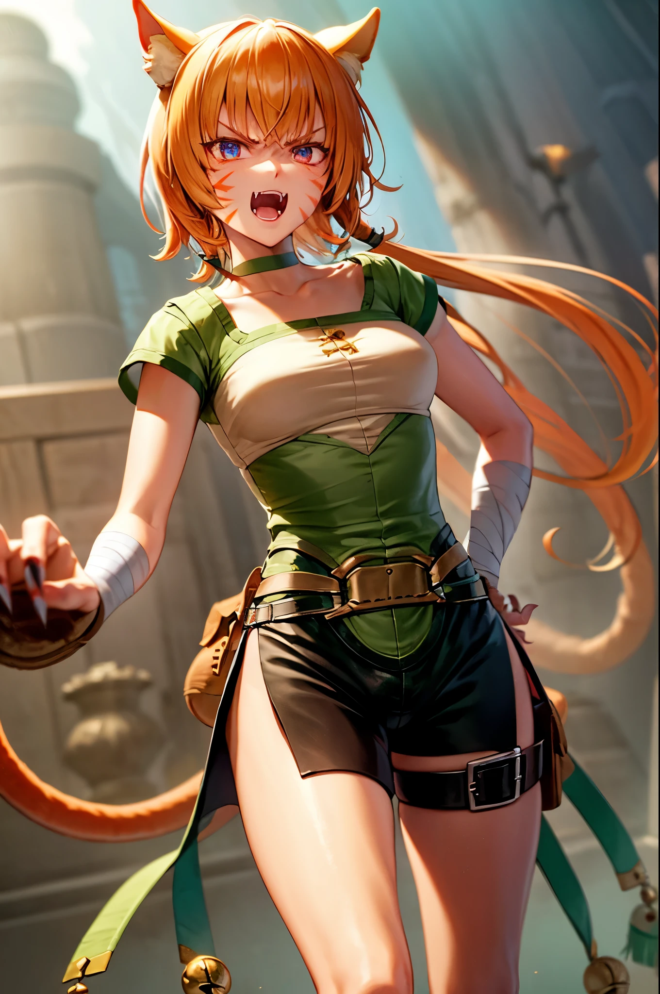 lethe fe, choker, belt, cat tail, bell, thigh strap, facial mark, bandages, side slit, pouch, brown belt, whisker markings, green shorts, wrist wrap, side slit shorts, open mouth, angry, fangs, claws, scratching the viewer