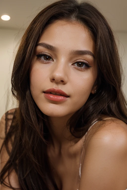 A close-up portrait shot of a latin brunette 20 years old with red lips and light brown eyes. Lighting should emphasize the details, specially her eyes and lips. Hair should be straight natural and middle long. Her facial expression should be relaxed and confident. Her skin tone should be olive. Background should be white and relaxed, emphasizing her realistic hair. Her makeup should be a little bit dark and she should be at night