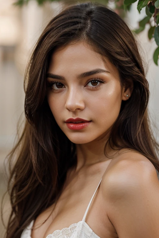 A close-up portrait shot of a latin brunette 20 years old with red lips and light brown eyes. Lighting should emphasize the details, specially her eyes and lips. Hair should be straight natural and middle long. Her facial expression should be relaxed and confident. Her skin tone should be olive. Background should be white and relaxed, emphasizing her realistic hair. Her makeup should be a little bit dark and she should be at night