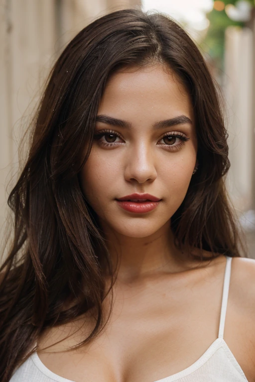 A close-up portrait shot of a latin brunette 20 years old with red lips and light brown eyes. Lighting should emphasize the details, specially her eyes and lips. Hair should be straight natural and middle long. Her facial expression should be relaxed and confident. Her skin tone should be olive. Background should be white and relaxed, emphasizing her realistic hair. Her makeup should be a little bit dark and she should be at night 