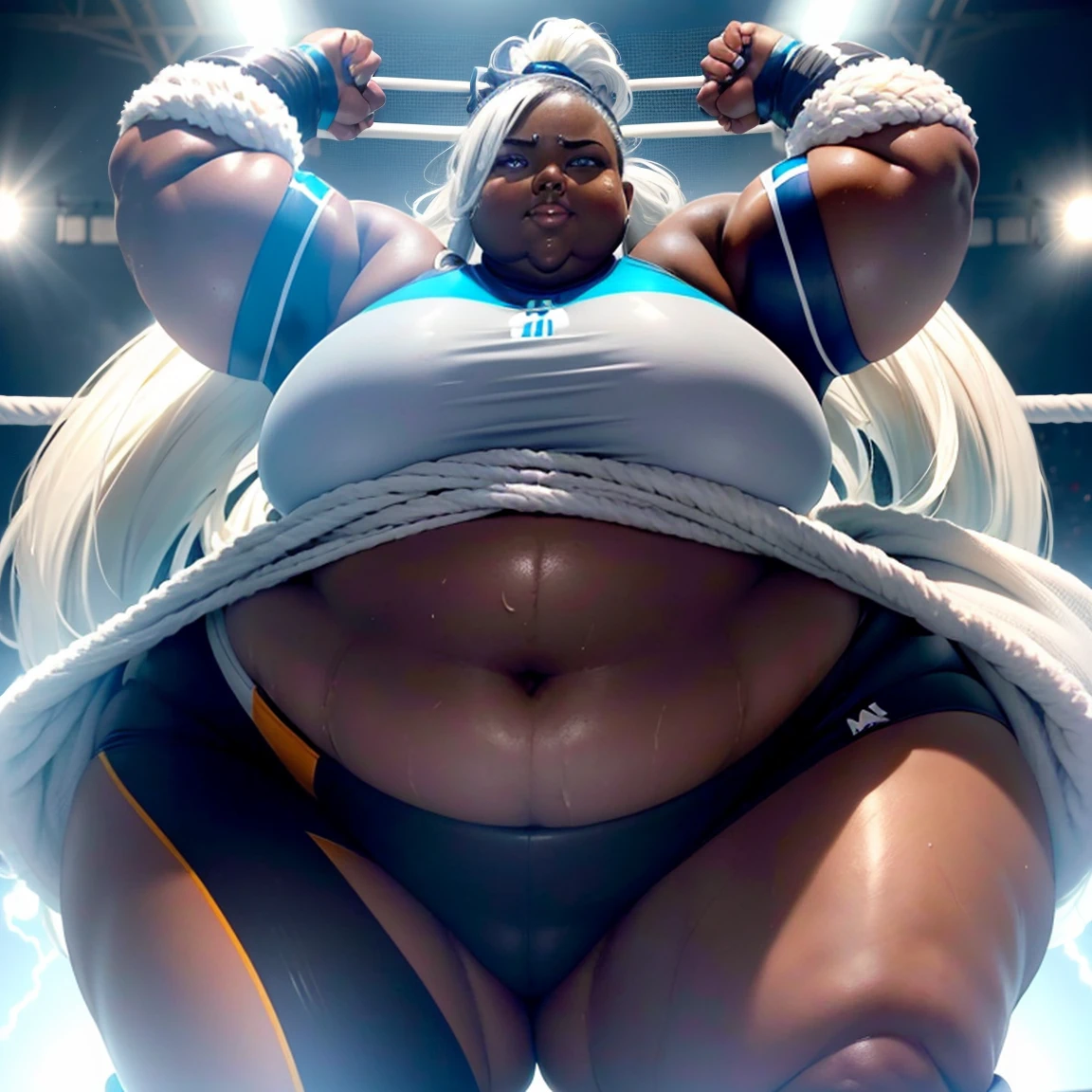((Dark skin)), dark skinned female, giantess, ((strongfat)), ssbbw, obese, ((strong arms)), white hair, blue eyes, tall, looming over viewer, (gentle smile), (wrestling gear), gigantic, insanely large belly, sweaty, subtle blush, (bare arms), ((biceps)), ((flexing))