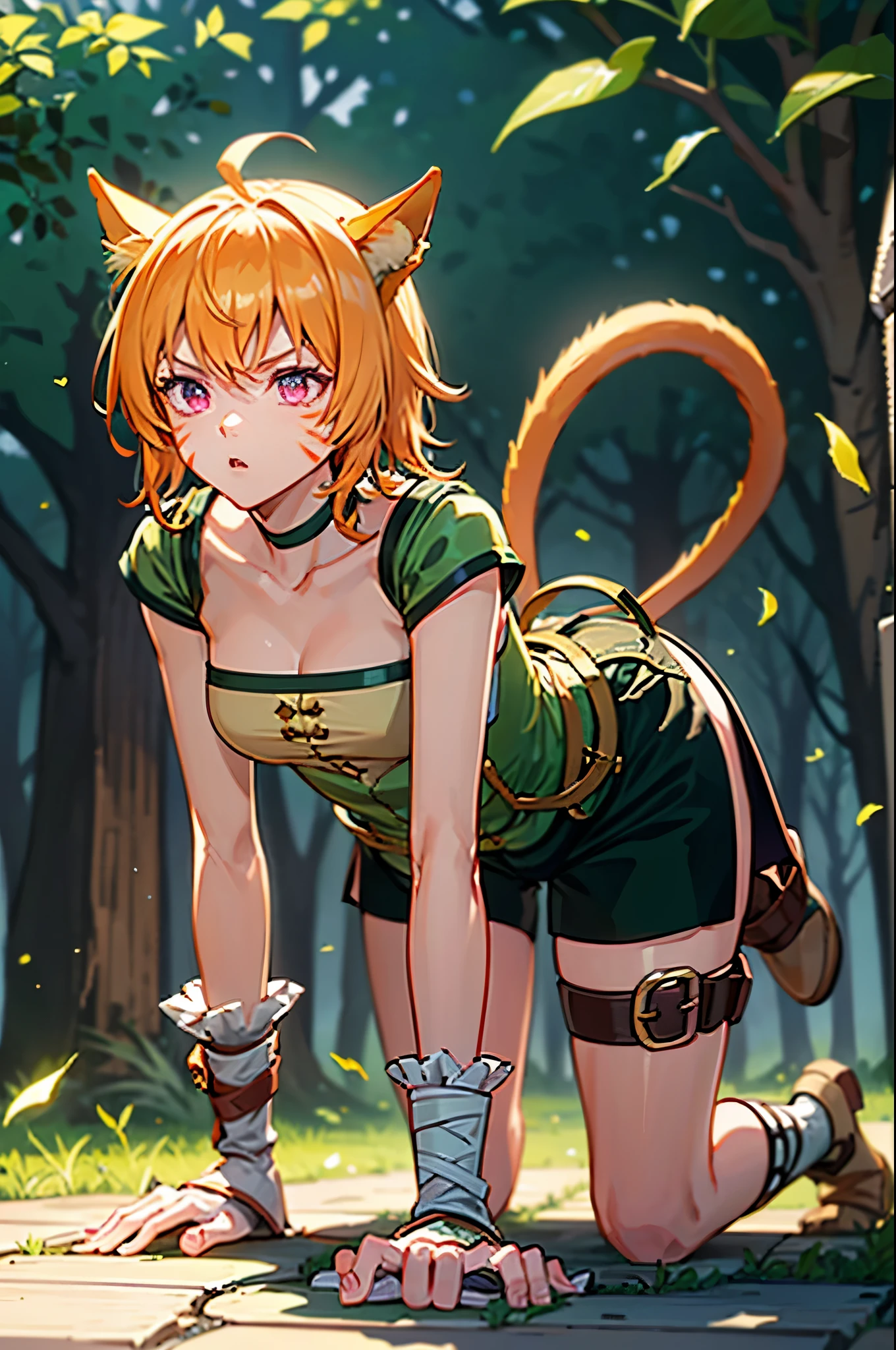 lethe fe, choker, belt, cat tail, bell, thigh strap, facial mark, bandages, side slit, pouch, brown belt, whisker markings, green shorts, wrist wrap, side slit shorts, ((on all fours)), hissing, tail upwards, standing on all fours