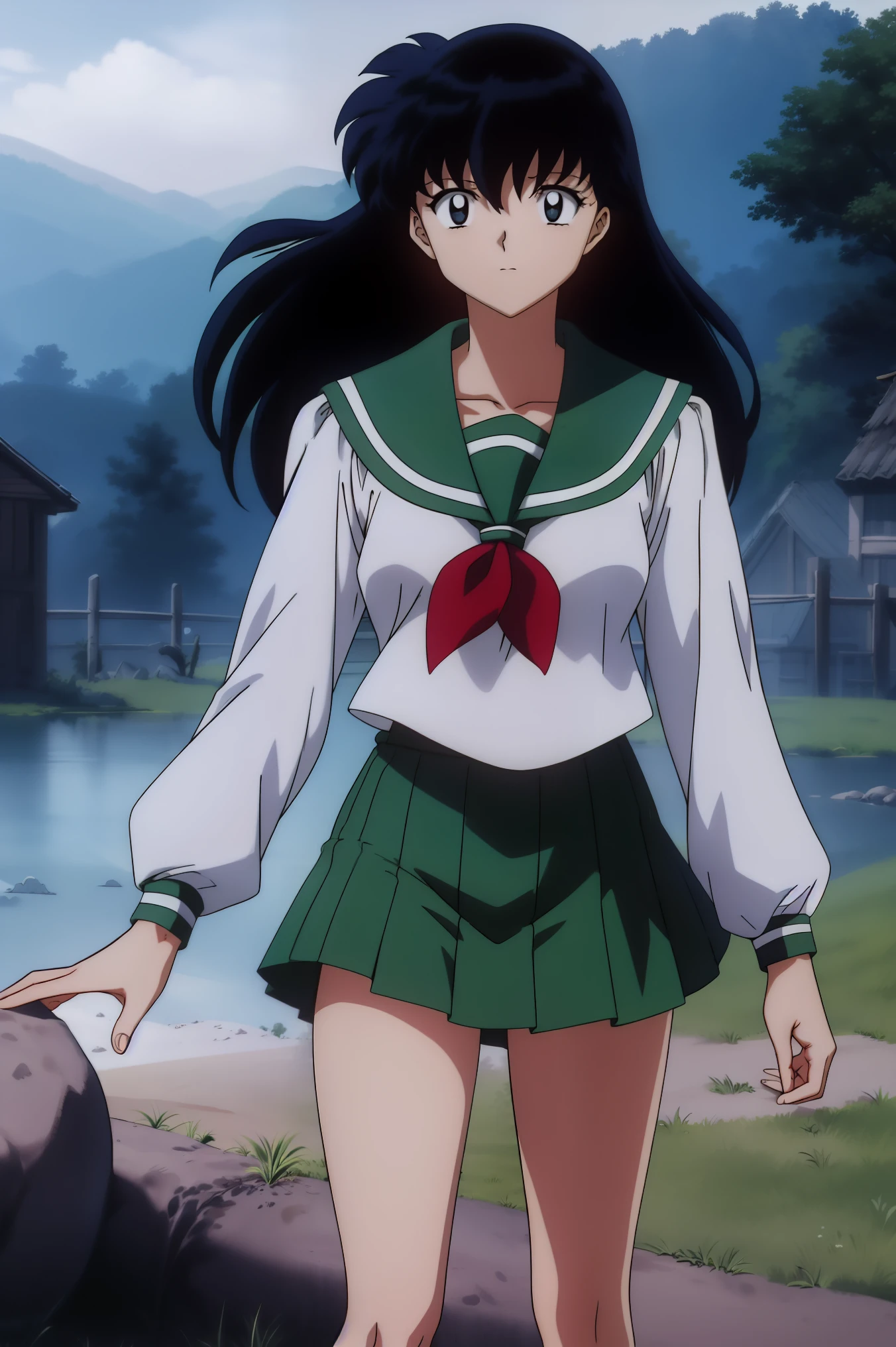 (Masterpiece: 1.6, Best Quality), (Fine Beautiful Eyes: 1.2), (best quality, masterpiece, highres), kagome higurashi, 1girl, solo, green school uniform, soft thighs , long sleeves, white socks, scenery , Best Quality, ((anime)) ((Colored)) HD, ,Standing, Green skirt, Red scarf, long  hair, Black hair between the eyes, Thighs are soft, school background