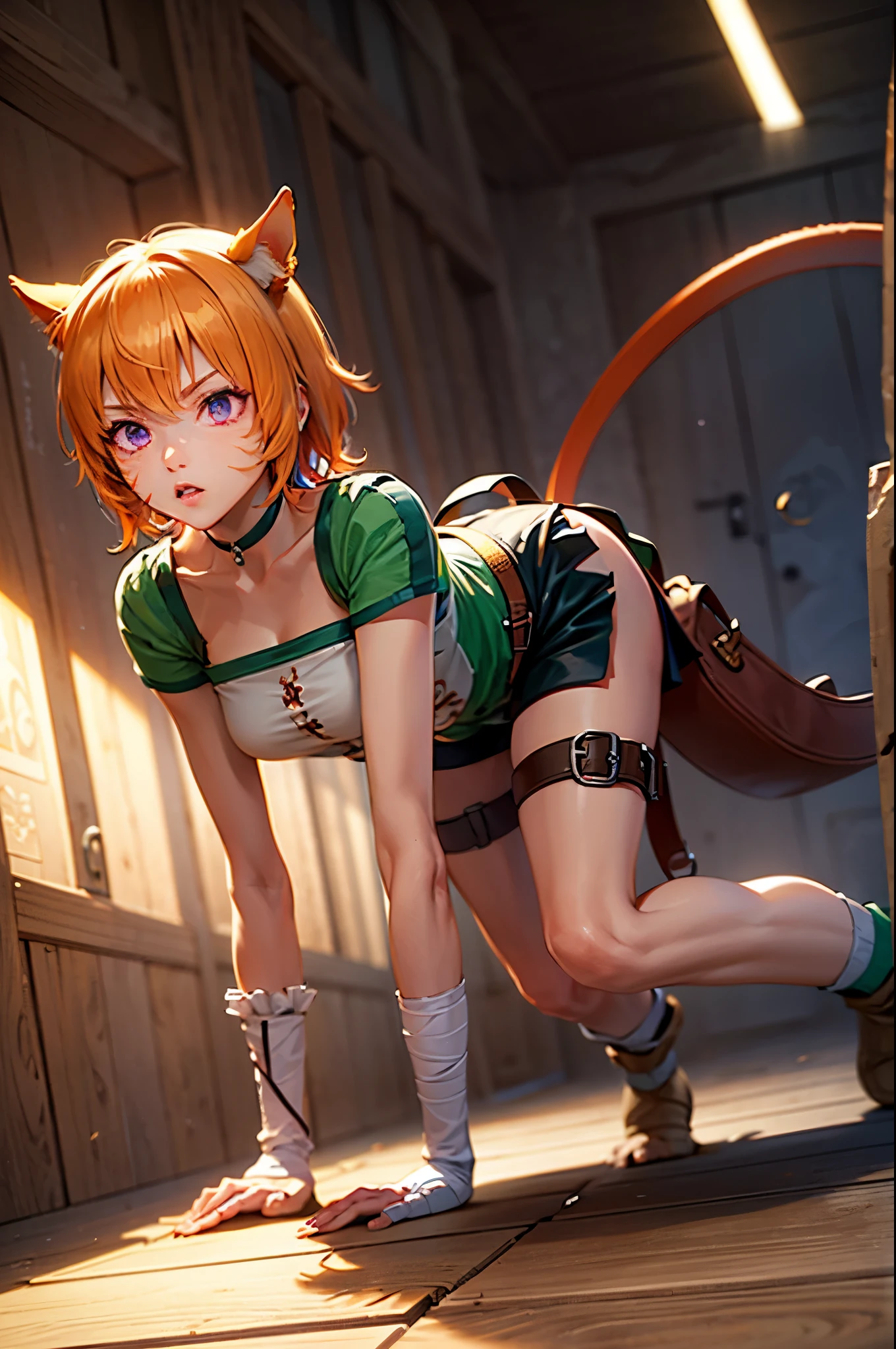 lethe fe, choker, belt, cat tail, bell, thigh strap, facial mark, bandages, side slit, pouch, brown belt, whisker markings, green shorts, wrist wrap, side slit shorts, ((on all fours)), hissing, tail upwards, standing on all fours