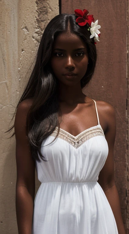 ((dark brown skin)), ((beautiful face)), ((masterpiece)) straight and natural hair, long straight hair, ((crystal brown eyes: 1.2)), 20 ears,detailed eyes, ((beautiful eyes) ) , ( (art, Ultra high definition, 8k)), depth of field, street in Bahia Brazil, cleavage, focus on eyes, portrait, Protruding breasts, specific skin, skin texture, sexy shoulders, golden tan, highly specific skin , long eyelashes, black mascara, ultra quality perfect face, best quality, high definition, beautiful woman, perfect, artistic finish, ((high definition)), ((semi-transparent short dress)) ((simple white dress a little transparent) ) ((perfect face)) , ((perfect woman)), ((work of art)), Delicate, ((dark skin)), mulatto, fine feminine features, thin and beautiful nose, perfect, ((delicate mouth) ), dark eyes, ((detailed and realistic beautiful face)), Black hair, ((extremely beautiful Brazilian woman)),((with a red flower in her hair)), Dark skin, long straight hair flying in the wind, (( with 1 red flower in her hair)), ((very simple white short dress, a little transparent)), standing on a street in Bahia, looking at the viewer,((beautiful eyes)),((beautiful women))northeast of Brazil, 1920s street, 1920s, in Bahia, Brazil, beautiful Brazilian mulatta, 1920s, Bahia.