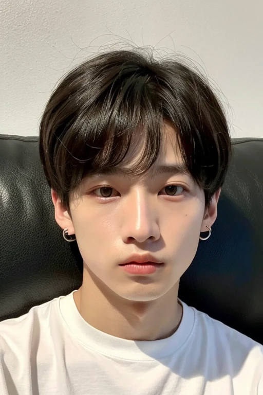 ((melhor qualidade)), ((obra de arte)), (detalhado), perfect faceArafed man in a white shirt sitting on a sofa, Jungkook, Kim Doyoung, Jimin\the right eyelid is swollen, Wan lovely Korean face, taejune kim, com o mesmo penteado, 1 7 anos - idade de rosto fino, short hair on top of the head, hyung tae