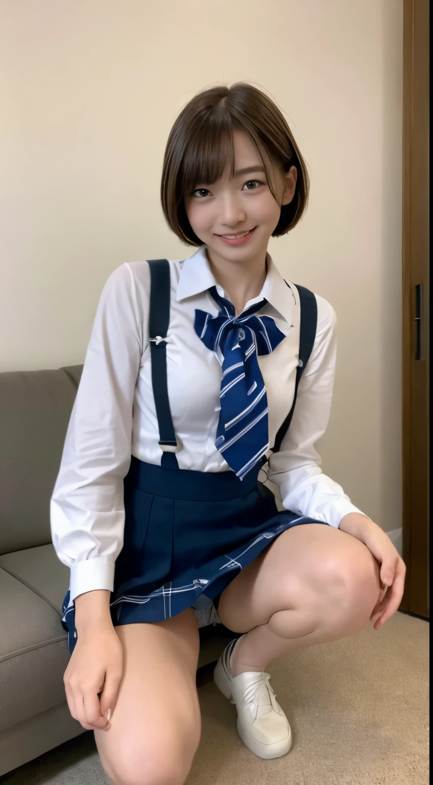 ((highest quality、8K、masterpiece:1.3))、1 girl、slender abs、sofa、super detailed face、detailed eyes、double eyelid、flat chest、small breasts、small breasts、Neat female college student、short hair、straight bob hair、前髪のあるshort hair、A sloppy smile、school girl uniform、Flip up your skirt yourself to show off your panties、Crouching、Panties are visible from the skirt、20 year old woman、