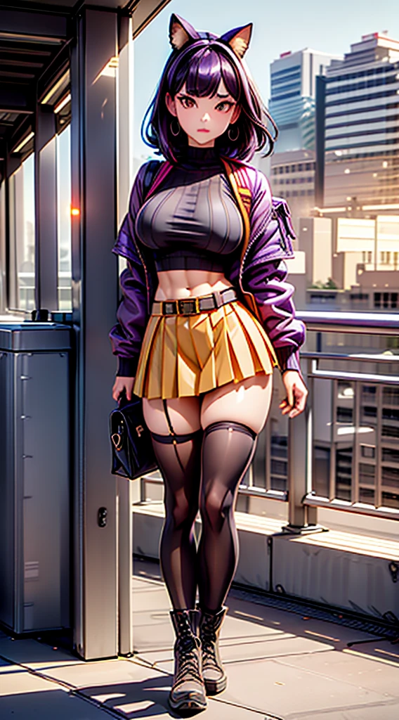 1990s, (masterpiece), high-definition, detailed face, cute korean girl, thick body, (big tits: 1.4) big hips, round ass, (black hair with dark purple highlights: 1.4), (tight grey t-shirt: 1.4), (black jacket: 1.4), (purple tight skirt: 1.3), belt, (black thong: 1.2), thigh high stockings, boots, fishnet, pin-up pose, balcony