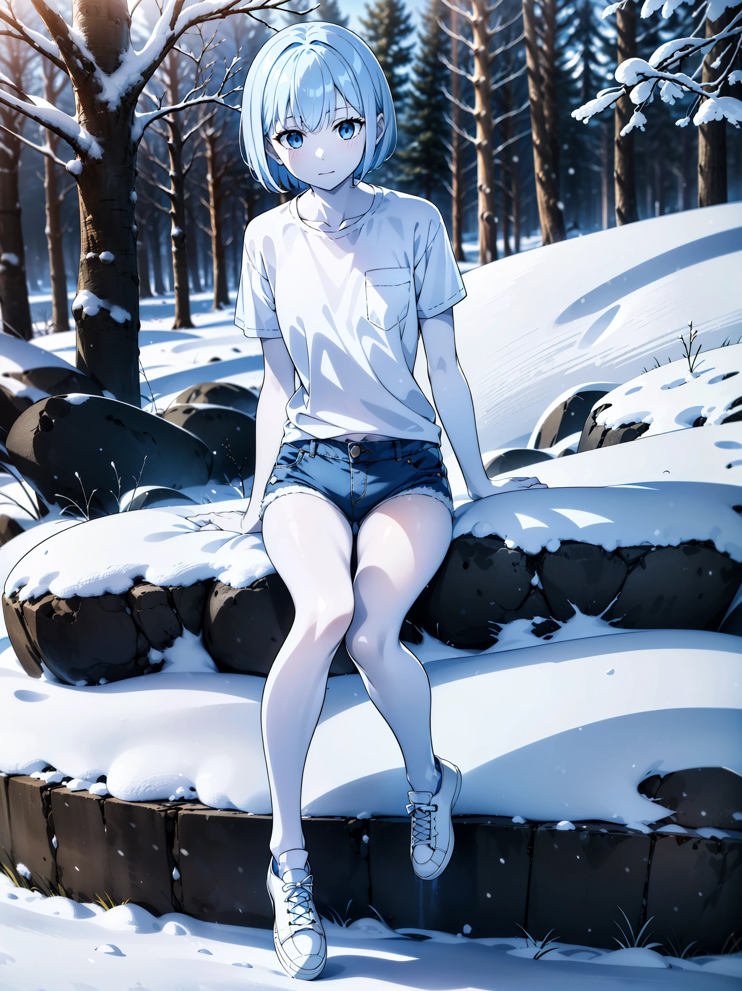 outdoors, snow forest, absurdres, high quality, highres, 1girl, solo, super pale skin, life-size-body, young, thin, skinny, light blue hair, bangs, bobcut, plain white t-shirt, blue denim short, all-white shoes, ROSA20
