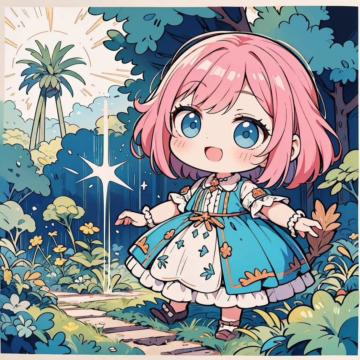 ultra-qualidade, ultla highres |, hiper detalhado, alto contraste, Superfine illustration, Refinamento criativo, 1 garota, Sozinho, Chibi, corpo todo, sorriso, caixa,um terno de marinheiro, Cabelo preto, fundo rosa