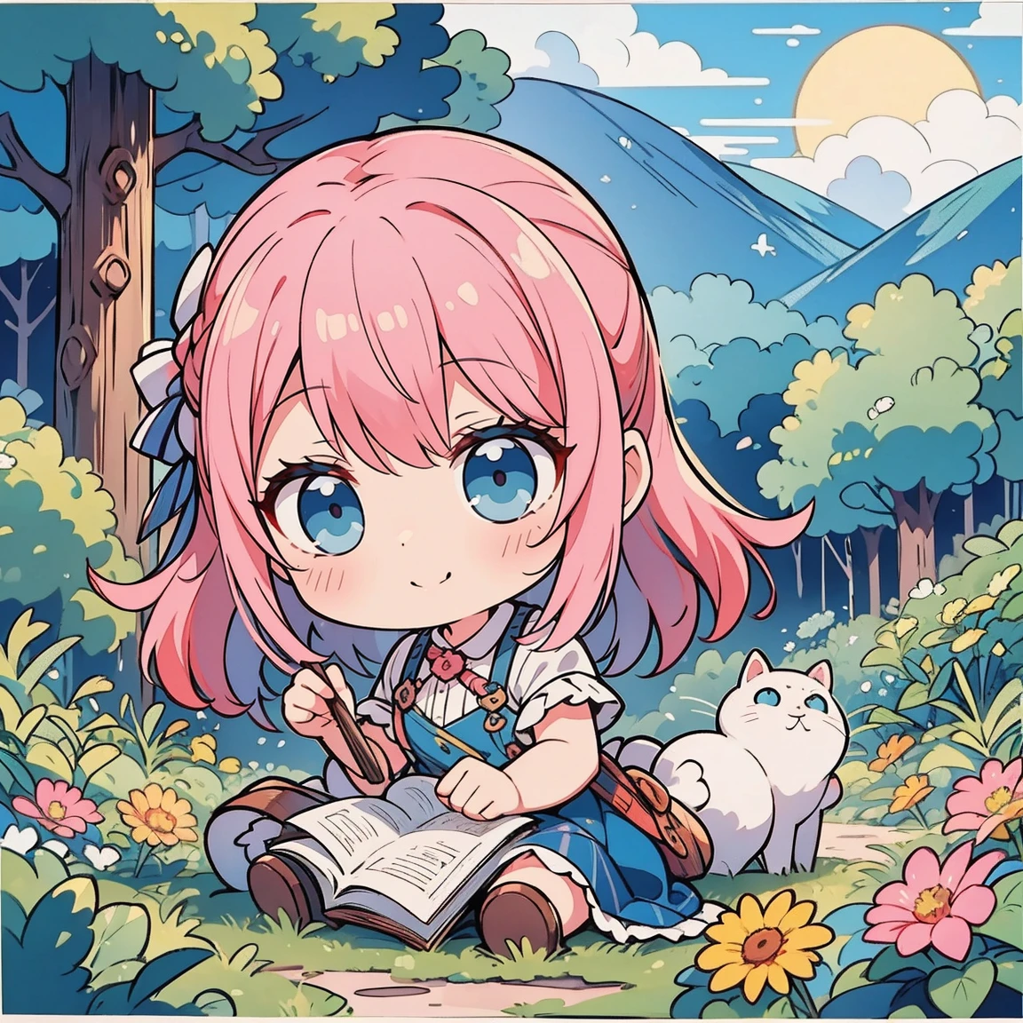ultra-qualidade, ultla highres |, hiper detalhado, alto contraste, Superfine illustration, Refinamento criativo, 1 garota, Sozinho, Chibi, corpo todo, sorriso, caixa,um terno de marinheiro, Cabelo preto, fundo rosa