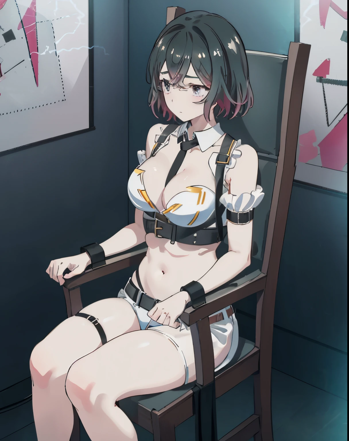 1 girl,alone,white bikini, bondage,BDSM,restrained, sitting,Chair,black hair,Kashino, huge breasts, , belt,collar, chest Harness,belly button,Harness, electricity, tears,lightning, , trembling,