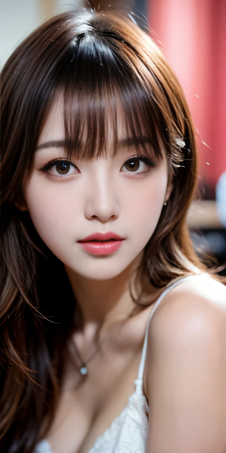 Canon RF85mm f/1.2,masterpiece,best quality,ultra highres,vc,
BREAK,{{1 girl,(korean mixed,kpop idol:1.2),solo,white_shiny_skin,black eyes,necklace,((brown_long_wavy_hair)),((pink_shiny_lips)),eyelashes,bangs,aface,make-up,shiny,Pore,skin texture,bracelet,offshoulder,see-through,big breasts